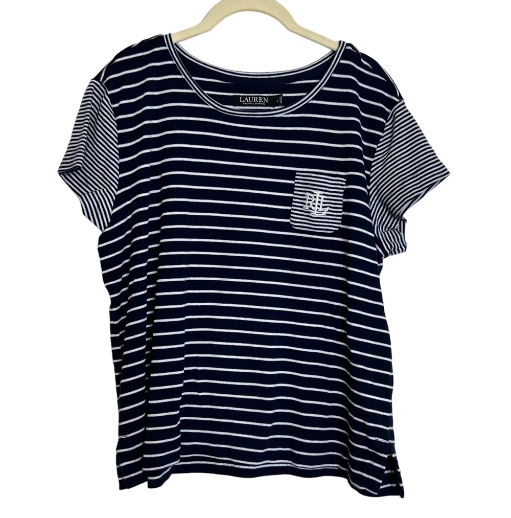 Lauren Ralph Lauren Womens Knit Top Large Navy White Striped LRL Logo